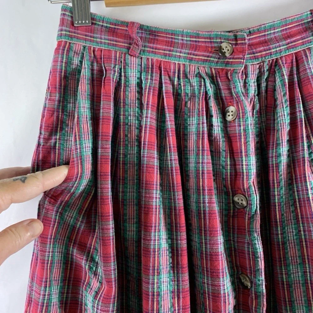 VTG Susan Bristol Seersucker Plaid Button Front Maxi Skirt XS/S Cottage Academia